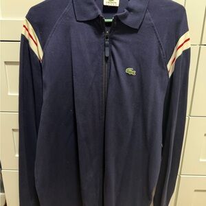 Lacoste Navy Full-Zip Sweater with White and Red Sleeve Stripes